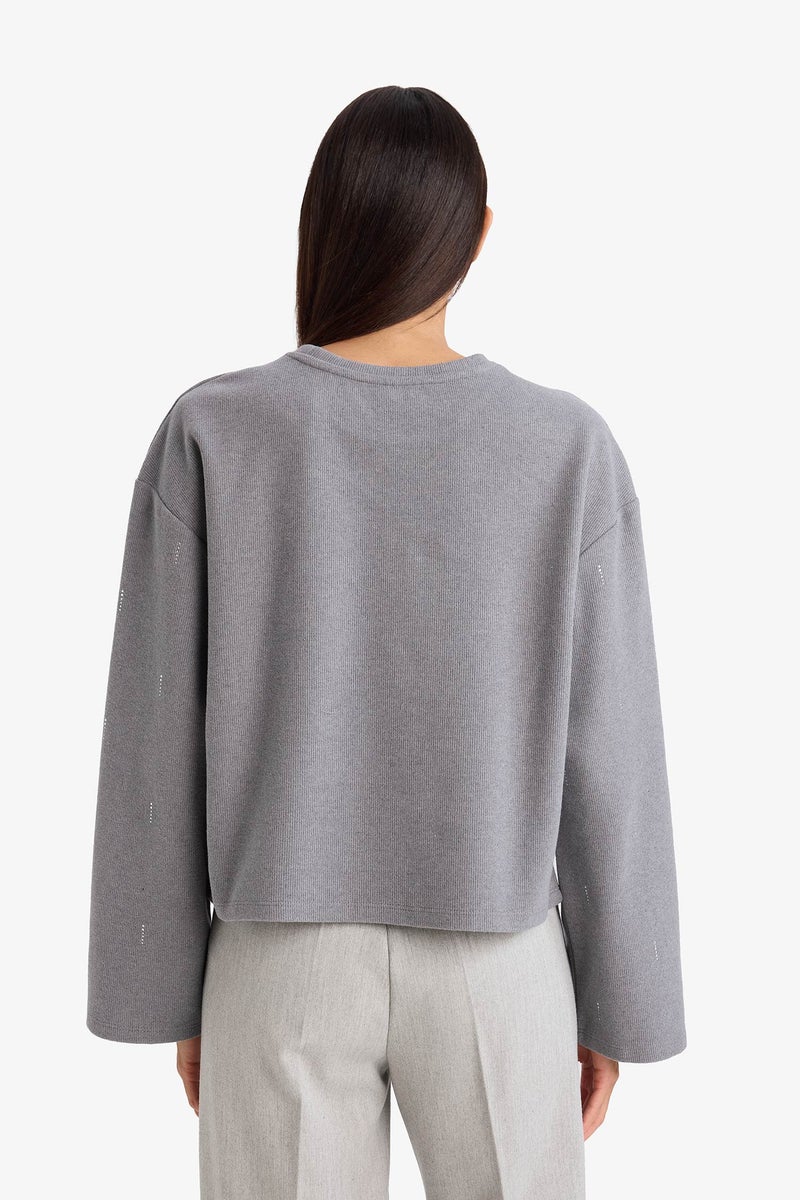 DeFacto Grey Woman Relax Fit Crew Neck Long Sleeve T-Shirt Casual - Image 5